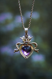 Victorian 14k Amethyst and Pearl Crowned Heart Necklace