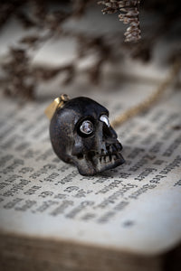 Victorian Carved Ebony Skull Pendant with Platinum and Diamond Eyes