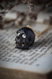 Victorian Carved Ebony Skull Pendant with Platinum and Diamond Eyes