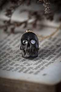 Victorian Carved Ebony Skull Pendant with Platinum and Diamond Eyes