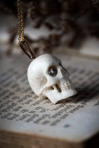 Victorian Carved Bone Skull Pendant with Platinum and Diamond Eyes