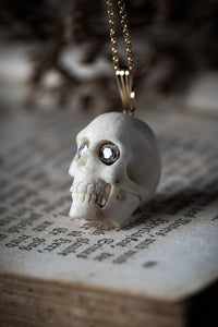 Victorian Carved Bone Skull Pendant with Platinum and Diamond Eyes