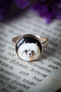 Victorian 9k Pomeranian Enamel Dog Portrait Miniature Ring