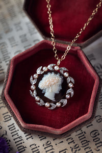 Edwardian Platinum and Diamond Hardstone Cameo Brooch Necklace
