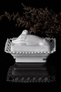 Victorian Atterbury Co. Milk Glass Hand with Dove Covered Trinket Dish