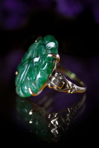 Art Deco Carved Floral Jade 10k Ring