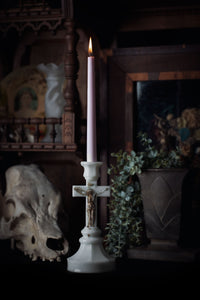1910s Gold Painted Milk Glass Crucifix Candlestick