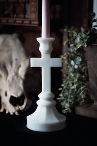 1910s Gold Painted Milk Glass Crucifix Candlestick