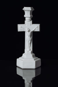 Early 1900s Bright White Milk Glass Crucifix Candlestick Holder