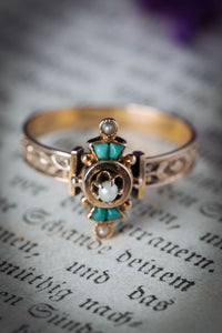 Victorian Etruscan Revival Pearl and Turquoise Ring