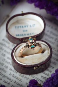 Victorian 10k Etruscan Revival Pearl and Turquoise Ring