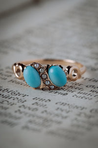 Victorian Persian Turquoise Cabochon and Seed Pearl Ring