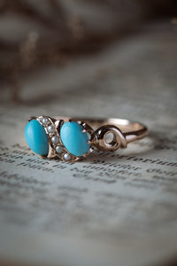 Victorian Persian Turquoise Cabochon and Seed Pearl Ring