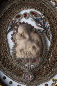 Victorian Mourning Hair Wreath with Wax Icon of St. Joseph and Jesus