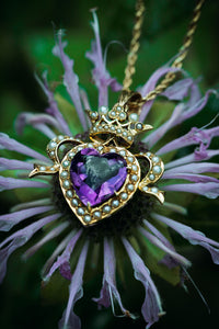 Victorian 14k Amethyst and Pearl Crowned Heart Necklace