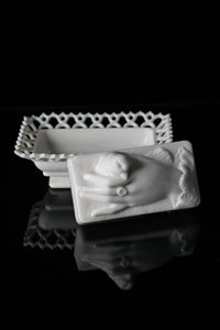 Victorian Atterbury Co. Milk Glass Hand with Dove Covered Trinket Dish