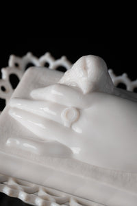 Victorian Atterbury Co. Milk Glass Hand with Dove Covered Trinket Dish