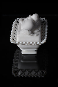 Victorian Atterbury Co. Milk Glass Hand with Dove Covered Trinket Dish