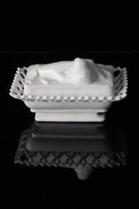 Victorian Atterbury Co. Milk Glass Hand with Dove Covered Trinket Dish