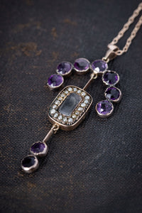 Early Victorian 10k Amethyst, Paste and Pearl Mourning Necklace