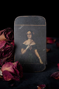 Early Victorian Lacquered Papier Mache Cheroot Case with Haunting Hand Painted Portrait