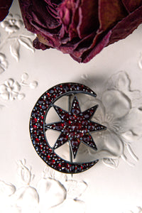 Victorian Bohemian Garnet Crescent Moon and Star Pendant Brooch