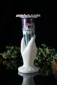 Victorian Painted Milk Glass Horn of Plenty Hand Vase