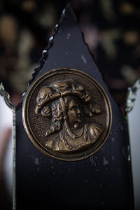 Gothic Revival Triptych Mirror with Brass Portrait Medallion