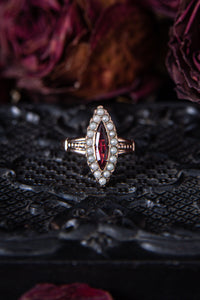 Victorian Garnet Doublet and Seed Pearl Navette Ring