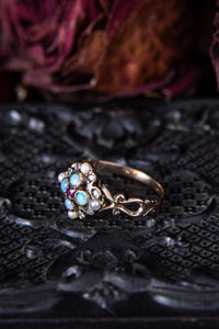 Arts and Crafts Opal, Diamond, Ruby and Pearl Cluster Ring