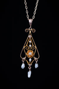 Art Nouveau Diamond and Pearl Lavalier Necklace