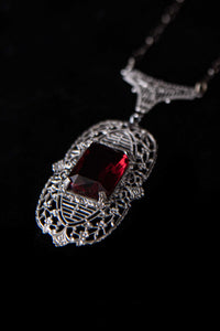 German Art Deco Silver Filigree Necklace with Crimson Czech Glass