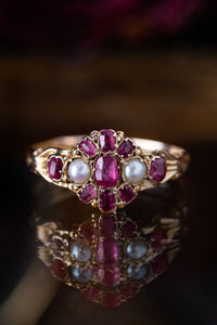 Early Victorian Collet Set Ruby and Pearl Cluster Ring