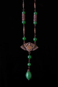 Art Nouveau Egyptian Revival Brass Scarab and Glass Necklace