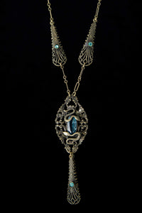 1920s Slithering Snakes and Blue Topaz Czech Glass Filigree Necklace