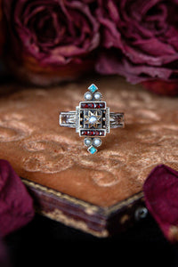 Victorian Etruscan Revival Garnet, Pearl and Persian Turquoise Ring