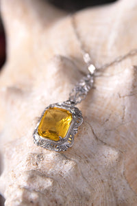 Art Deco Sterling Filigree Necklace with Citrine Czech Glass