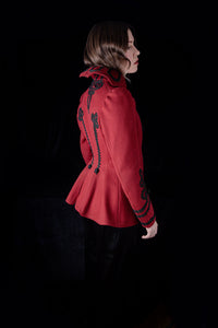 1890s Crimson Red Wool Jacket with Black Soutache
